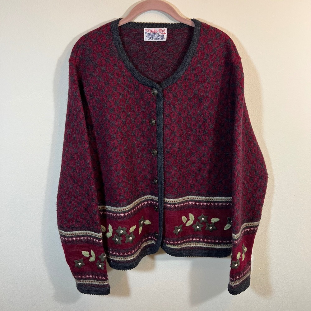 Vintage Tally-Ho Burgundy Floral Embroidered Button Front Cardigan Sweater